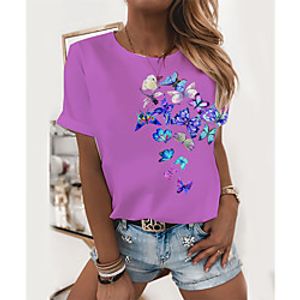 Women's T shirt Graphic Butterfly Print Round Neck Tops Basic Basic Top Fuchsia miniinthebox