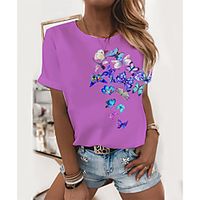 Women's T shirt Graphic Butterfly Print Round Neck Tops Basic Basic Top Fuchsia miniinthebox - thumbnail