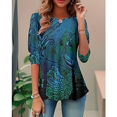 Women's T shirt Tee White Blue Purple Graphic Print Long Sleeve Daily Weekend Fashion Round Neck Regular Fit Painting Spring   Fall miniinthebox