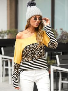 YOINS Striped Leopard Patchwork Round Neck Long Sleeves Tee