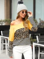 YOINS Striped Leopard Patchwork Round Neck Long Sleeves Tee - thumbnail