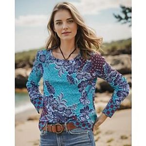 Women's T shirt Tee Floral Blue Print Long Sleeve Casual Holiday Fashion Round Neck Regular Fit Spring   Fall Lightinthebox