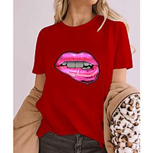 Women's 3D Printed T shirt Graphic 3D Mouth Print Round Neck Tops 100% Cotton Basic Basic Top Purple Red Yellow Lightinthebox