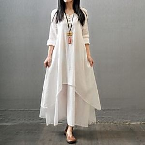 Women's Swing Dress Maxi long Dress Yellow White Red Long Sleeve Solid Color Layered Button Fall Summer Round Neck Casual Loose 2021 M L XL XXL 3XL 4XL 5XL / Cotton / Cotton miniinthebox