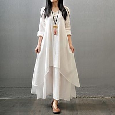 Women's Swing Dress Maxi long Dress Yellow White Red Long Sleeve Solid Color Layered Button Fall Summer Round Neck Casual Loose 2021 M L XL XXL 3XL 4XL 5XL / Cotton / Cotton miniinthebox