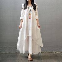 Women's Swing Dress Maxi long Dress Yellow White Red Long Sleeve Solid Color Layered Button Fall Summer Round Neck Casual Loose 2021 M L XL XXL 3XL 4XL 5XL / Cotton / Cotton miniinthebox - thumbnail