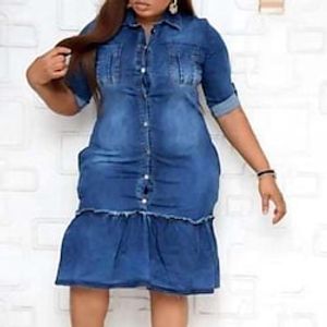 Women's Plus Size Holiday Dress Solid Color Shirt Collar Ruched 34 Length Sleeve Fall Spring Casual Knee Length Dress Daily Going out Dress  Cotton Lightinthebox