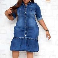 Women's Plus Size Holiday Dress Solid Color Shirt Collar Ruched 34 Length Sleeve Fall Spring Casual Knee Length Dress Daily Going out Dress  Cotton Lightinthebox - thumbnail