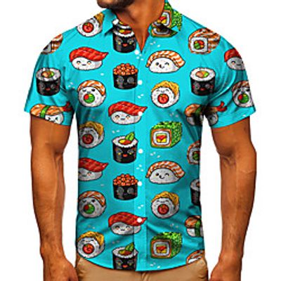 Men's Shirt 3D Print Food Graphic Prints Button-Down Short Sleeve Street Tops Casual Fashion Classic Breathable Blue miniinthebox