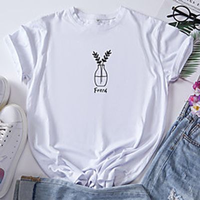 Women's T shirt Plants Print Round Neck Tops 100% Cotton Basic Basic Top White Red Yellow Lightinthebox
