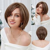 Human Hair Blend Wig Short Natural Straight Pixie Cut Side Part Layered Haircut Asymmetrical Brown Cosplay Curler  straightener Natural Hairline Capless Brazilian Hair Women's All Brown 10 inch Lightinthebox - thumbnail