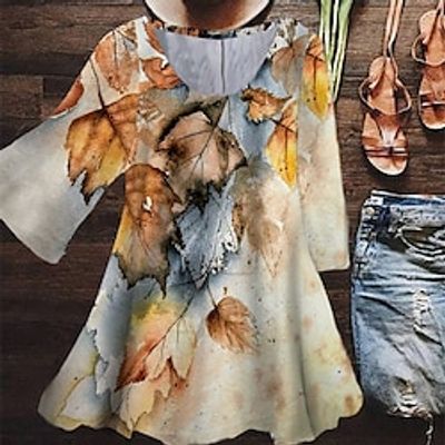 Women's Plus Size Tops Blouse Shirt Leaf Print 3/4 Length Sleeve Crewneck Casual Daily Holiday Cotton Spandex Jersey Winter Fall Yellow miniinthebox