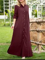 Women's Casual Solid Color Stand-up Collar Long-sleeved Elegant And Simple Loose Shirt Maxi Dress