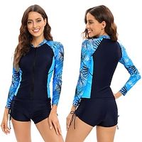 Women's Swimwear Tankini Rash Guard 2 Piece Normal Swimsuit Zipper Slim Splice Trees / Leaves Printing Blue Padded High Neck Bathing Suits Sports Vacation Sports miniinthebox