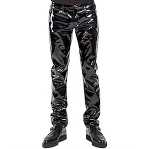 Men's Skinny Trousers Faux Leather Pants Casual Pants Pocket Straight Leg Solid Color Full Length Going out Weekend Artificial Leather Streetwear Stylish Black Inelastic miniinthebox