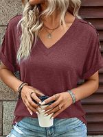 Solid Color V Neck Button Down Short Sleeves T-shirt