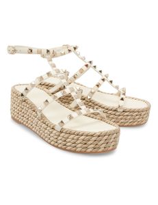 Rockstud Calfskin Wedge Espadrilles - Light Ivory