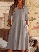 Ladies V-neck Solid Color Cotton And Linen Shift Dress