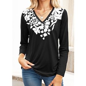 Women's T shirt Tee Floral Black White Navy Blue Print Long Sleeve Casual Holiday Fashion V Neck Regular Fit Spring   Fall Lightinthebox