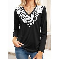 Women's T shirt Tee Floral Black White Navy Blue Print Long Sleeve Casual Holiday Fashion V Neck Regular Fit Spring   Fall Lightinthebox - thumbnail