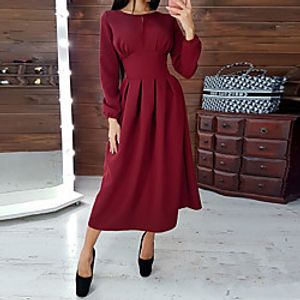 Women's A Line Dress Midi Dress Khaki Green Red Brown Long Sleeve Solid Color Ruched Fall Round Neck Casual 2021 S M L XL XXL miniinthebox