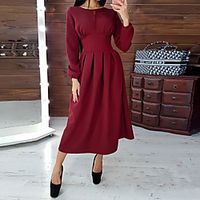 Women's A Line Dress Midi Dress Khaki Green Red Brown Long Sleeve Solid Color Ruched Fall Round Neck Casual 2021 S M L XL XXL miniinthebox - thumbnail