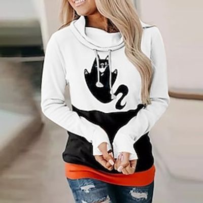 Women's Pullover Hoodie Sweatshirt Color Block Patchwork Print Halloween Daily Weekend Casual Streetwear Hoodies Sweatshirts  White Gray Khaki miniinthebox