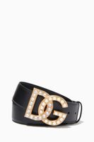 Belt with Rhinestone & Pearl Millenial DG Logo in Leather, 40mm - thumbnail
