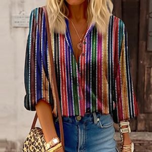 Women's Shirt Blouse Rainbow Striped Button Print Long Sleeve Casual Fashion Standing Collar Regular Fit Spring   Fall Lightinthebox