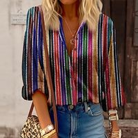 Women's Shirt Blouse Rainbow Striped Button Print Long Sleeve Casual Fashion Standing Collar Regular Fit Spring   Fall Lightinthebox - thumbnail