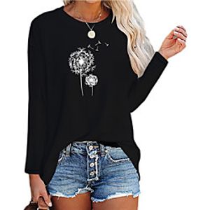 Women's Floral Theme Painting T shirt Dandelion Print Round Neck Basic Tops Pink Wine Black Lightinthebox