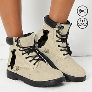 Women's Boots Print Shoes Combat Boots Animal Print Outdoor Daily Cat Booties Ankle Boots Flat Heel Fashion Casual Faux Leather Khaki miniinthebox