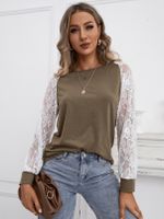 Lace Insert Design Round Neck Long Sleeves Tee - thumbnail