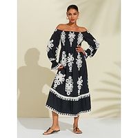 Women's Print Dress Midi Dress Midi Dress Black Long Sleeve Geometic Print Spring Fall Off Shoulder Dresses Vacation Dress Vacation S M L Lightinthebox