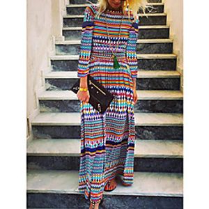Women's Shift Dress Maxi long Dress Dark Blue 34 Length Sleeve Multi Color Geometic Print Spring Summer Round Neck Ethnic Casual 2021 S M L XL XXL  Cotton Lightinthebox