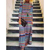 Women's Shift Dress Maxi long Dress Dark Blue 34 Length Sleeve Multi Color Geometic Print Spring Summer Round Neck Ethnic Casual 2021 S M L XL XXL  Cotton Lightinthebox - thumbnail