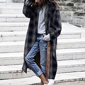 Women's Coat Street Daily Going out Fall Winter Maxi Coat Regular Fit Warm Breathable Casual Jacket Long Sleeve Plaid / Check Print Black miniinthebox
