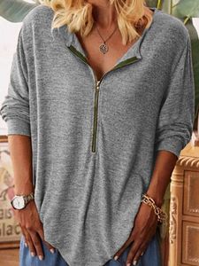 V Neck Zip-up Plain Long Sleeve T-shirt