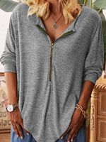 V Neck Zip-up Plain Long Sleeve T-shirt - thumbnail