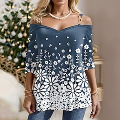 Women's T shirt Tee Floral Black Pink Blue Print Long Sleeve Holiday Weekend Fashion Off Shoulder Regular Fit Cold Shoulder Spring   Fall Lightinthebox