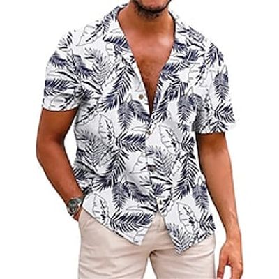 Men's Shirt Print Leaves Turndown Street Daily Button-Down Print Short Sleeve Tops Casual Fashion Breathable Comfortable Black / White Gray Yellow miniinthebox