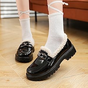Women's Loafers Classic Loafers Platform Loafers Comfort Shoes Daily Fleece Lined Flat Heel Round Toe Fashion Classic Casual PU Loafer Solid Color Matte Black Black Lightinthebox