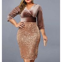 Women's Plus Size Party Dress Pure Color V Neck 34 Length Sleeve Winter Fall Stylish Formal Midi Dress Formal Party Dress  Velvet  Velvet Dress  Sequin Dress Lightinthebox - thumbnail
