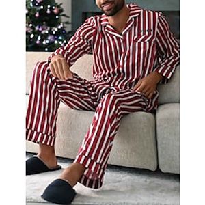 Men's Loungewear Sleepwear Pajama Set Pajama Top and Pant 2 Pieces Stripe Stylish Casual Comfort Home Daily Cotton Blend Comfort Lapel Long Sleeve Shirt Pant Drawstring Elastic Waist Summer Spring Lightinthebox