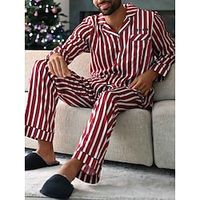 Men's Loungewear Sleepwear Pajama Set Pajama Top and Pant 2 Pieces Stripe Stylish Casual Comfort Home Daily Cotton Blend Comfort Lapel Long Sleeve Shirt Pant Drawstring Elastic Waist Summer Spring Lightinthebox - thumbnail