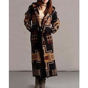 Women's Winter Coat Aztec Print Overcoat Long Coat Warm Heated Hoodie Jacket Long Sleeve Geometric White Black Yellow miniinthebox
