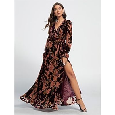 Women's Velvet Dress Prom Dress Party Dress Long Dress Maxi Dress Black Long Sleeve Floral Print Summer Spring Fall V Neck Elegant Winter Dress Wedding Guest Birthday S M L XL XXL Lightinthebox
