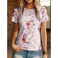 Women's T shirt Tee Floral Yellow Pink Blue Print Short Sleeve Daily Weekend Fashion Round Neck Regular Fit Summer Lightinthebox - thumbnail