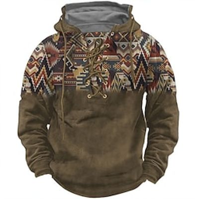 Color Block Tribal Men's Daily 3D Print Hoodie Holiday Going out Streetwear Hoodies Blue Brown Long Sleeve Hooded Print Lace up Spring   Fall Designer Hoodie Sweatshirt Lightinthebox