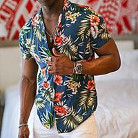 Men's Shirt Floral Button-Down Print Short Sleeve Street Tops Casual Fashion Breathable Comfortable Navy Blue Lightinthebox - thumbnail
